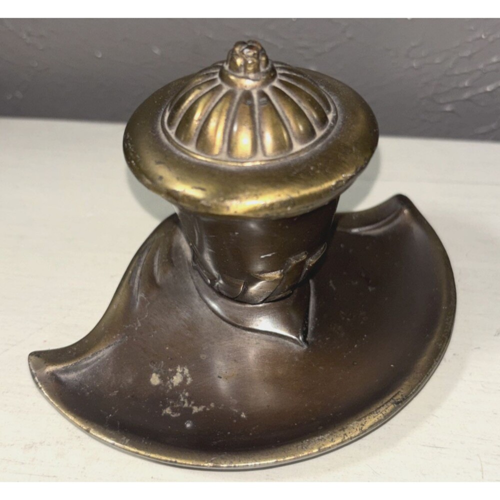 Vintage Brass Ink Well Desk Top Holder Bottle Quill Dip Pen Inkwell